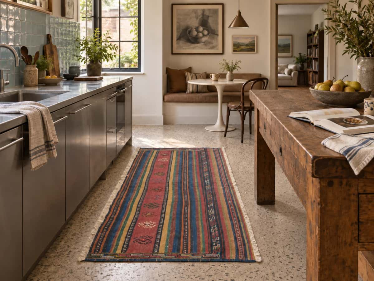 Alfombra persa kilim sumak, geométrica, 81x180 cm, principalmente en rojo — En una habitación