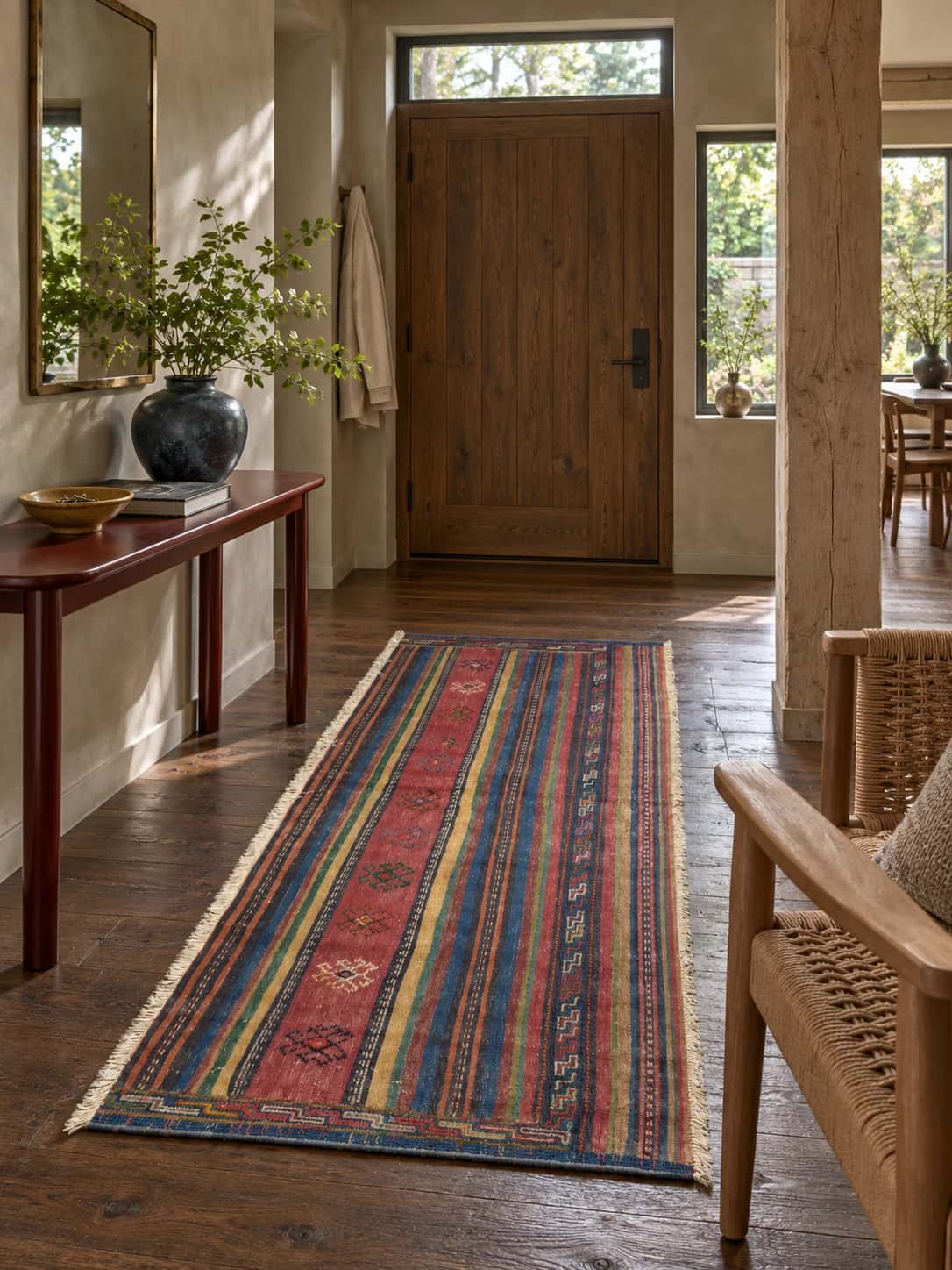 Alfombra persa kilim sumak, geométrica, 81x180 cm, principalmente en rojo — En una habitación