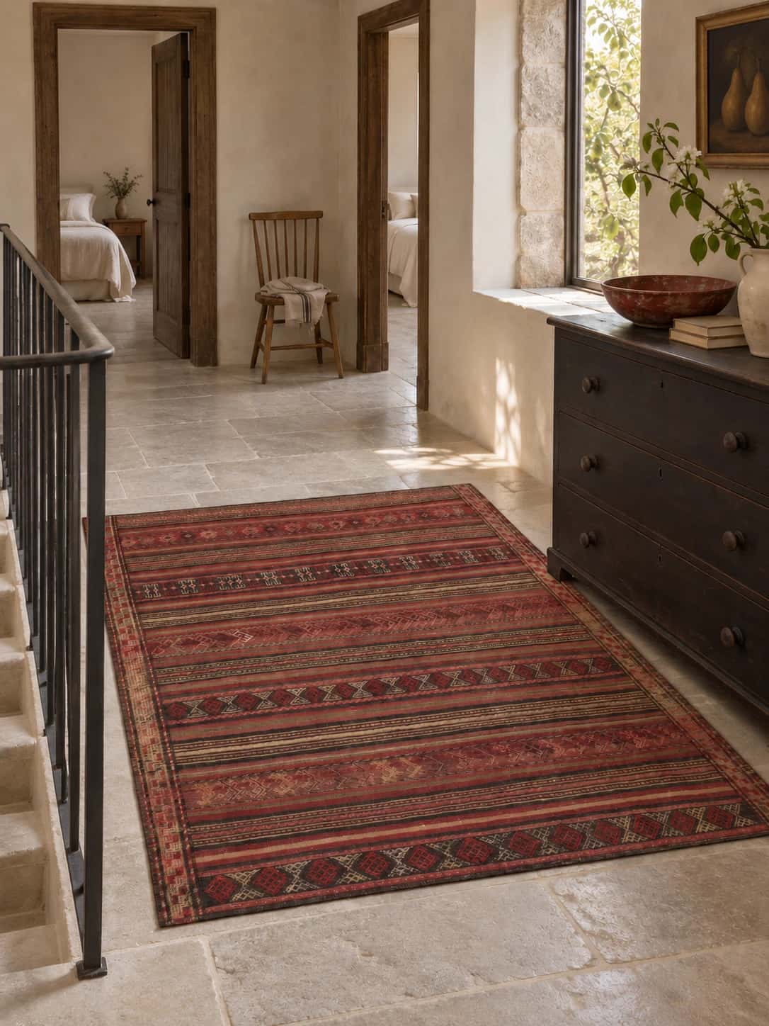Alfombra persa kilim sumak, 152x168 cm, principalmente en marrón — En una habitación