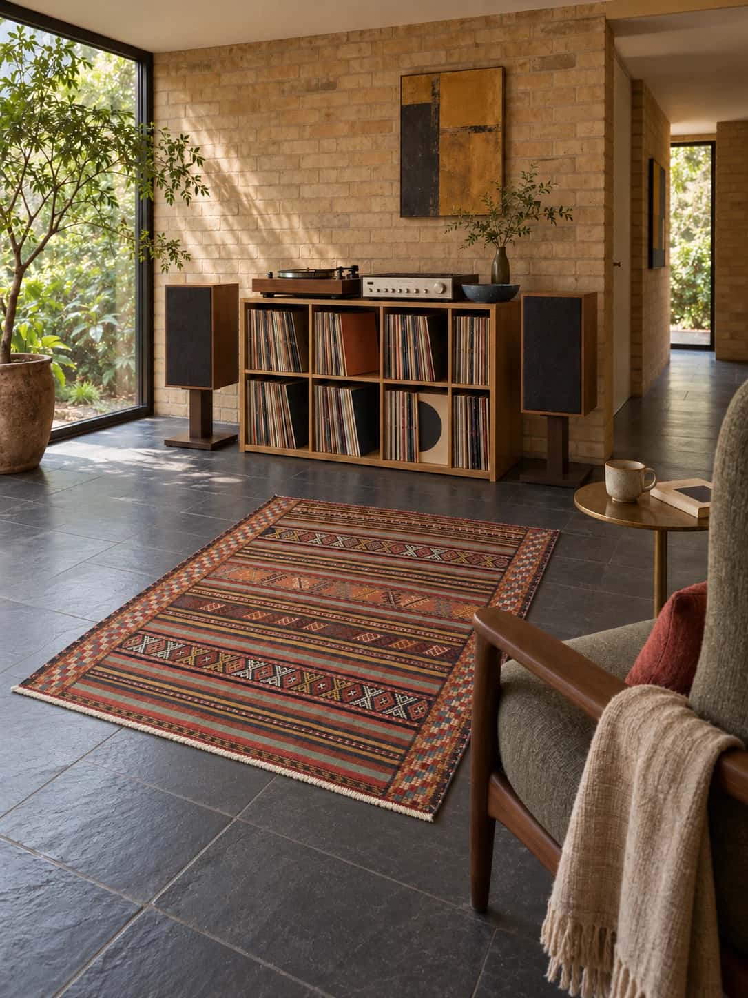Persian Sumak Kilim rug, 125x163 cm, mainly brown — In a room