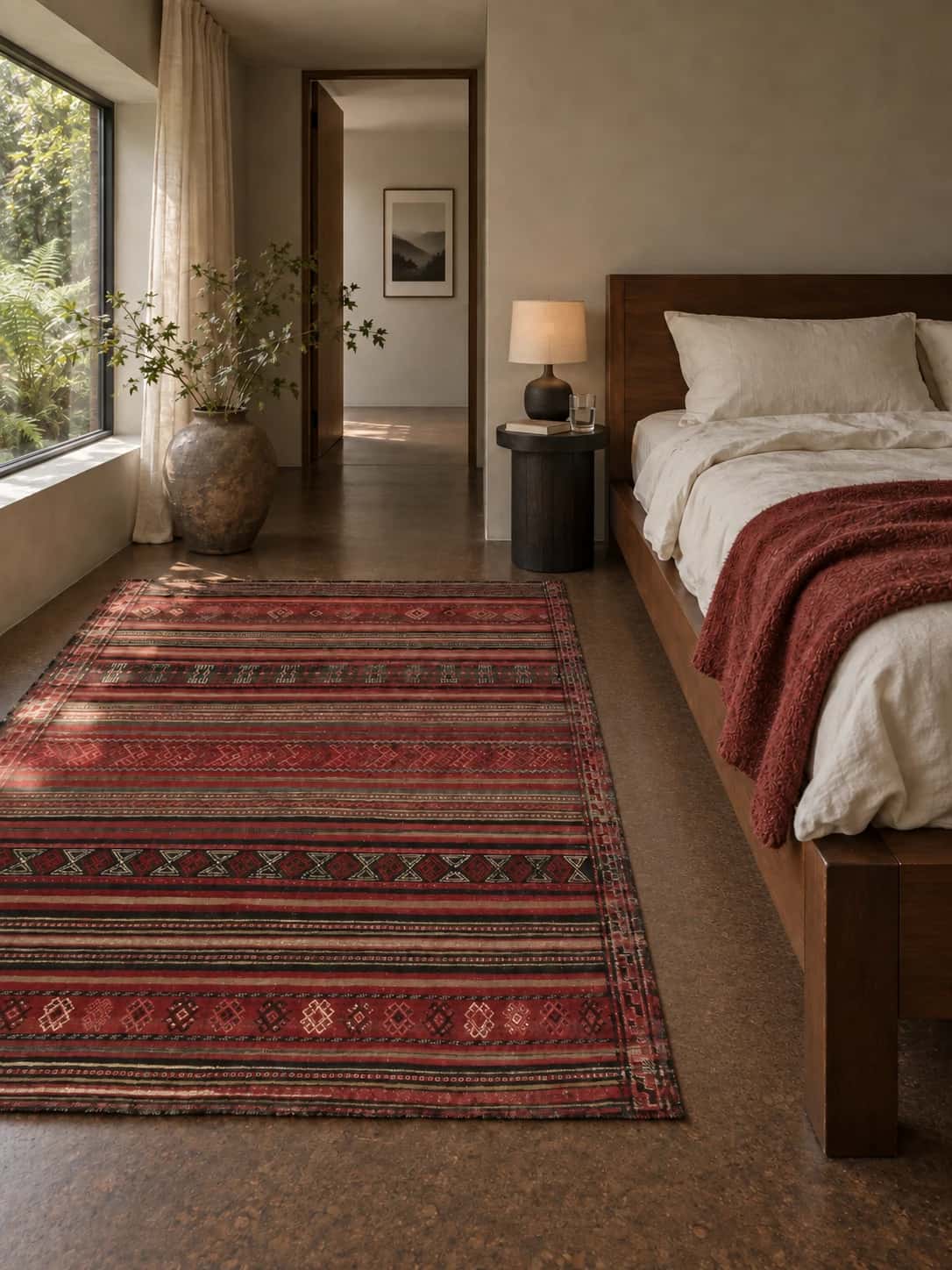 Alfombra persa kilim sumak, 154x165 cm, principalmente en rojo — En una habitación