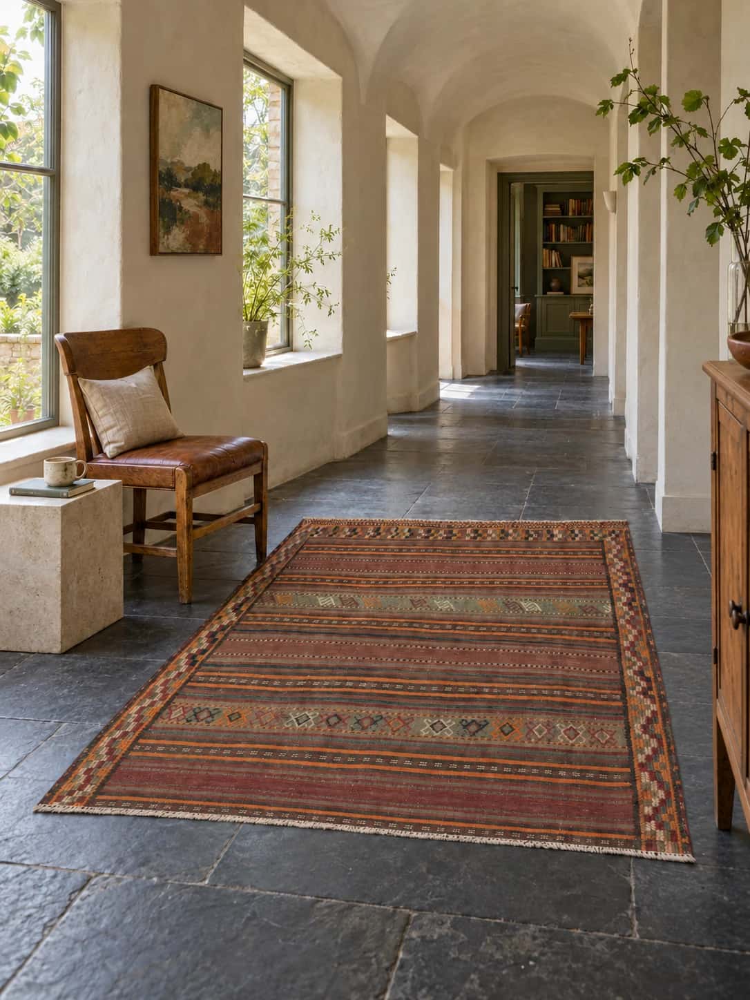 Persian Sumak Kilim rug, geometric, 127x134 cm, mainly red — In a room