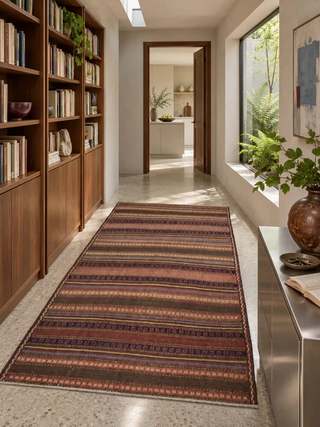 Alfombra persa kilim sumak, 142x212 cm, principalmente en marrón — En una habitación