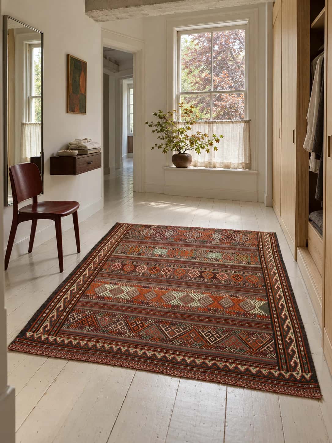 Persian Sumak Kilim rug, 148x154 cm, mainly green and orange — In a room
