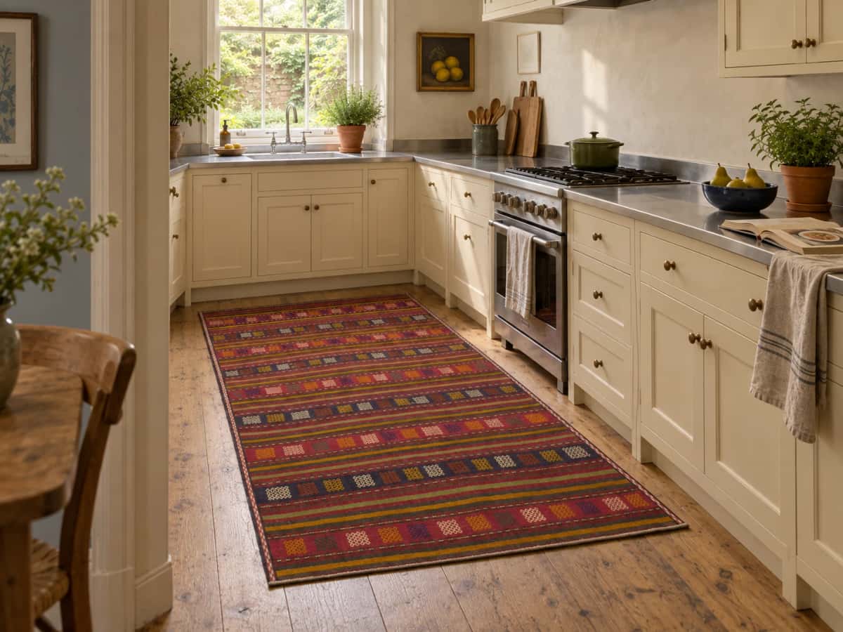 Persian Sumak Kilim rug, 141x210 cm, mainly red — In a room