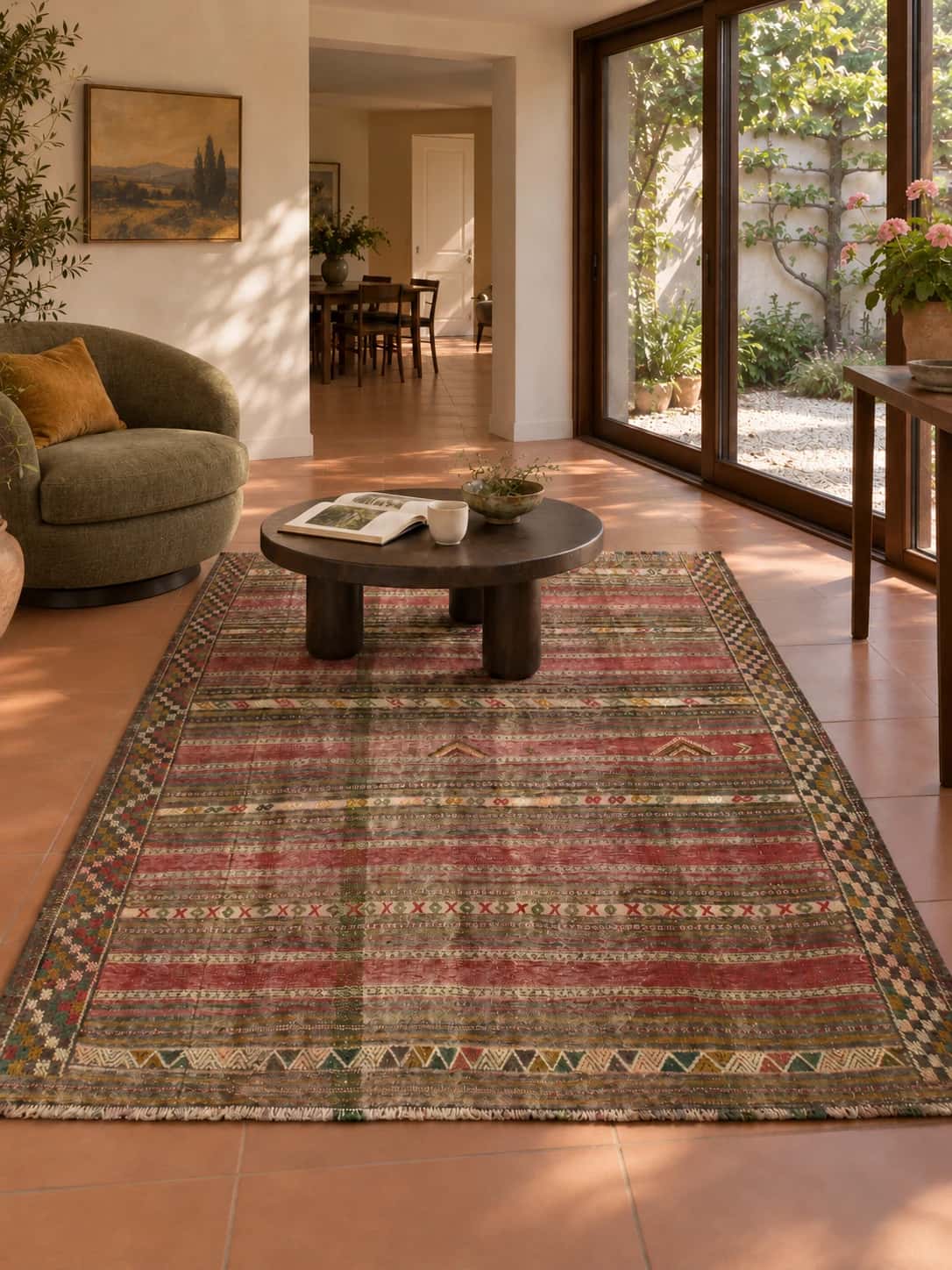 Persian Sumak Kilim rug, 150x216 cm, mainly red and yellow — In a room