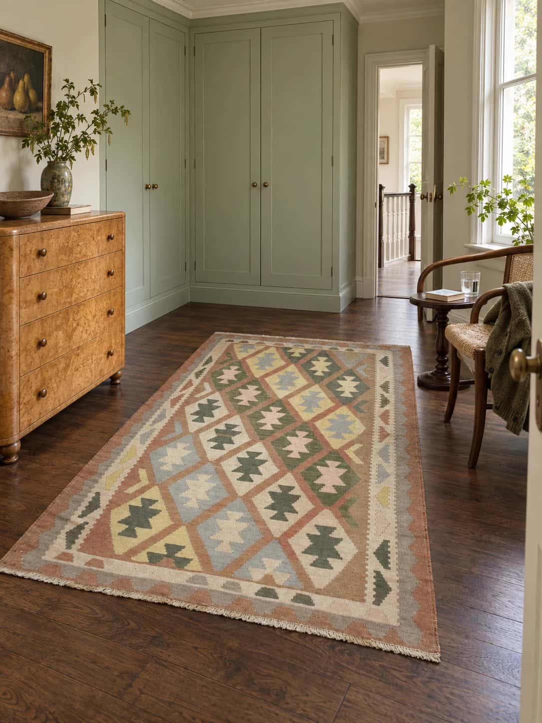 Persian Kilim, 140x225 cm, mainly green and yellow — In a room