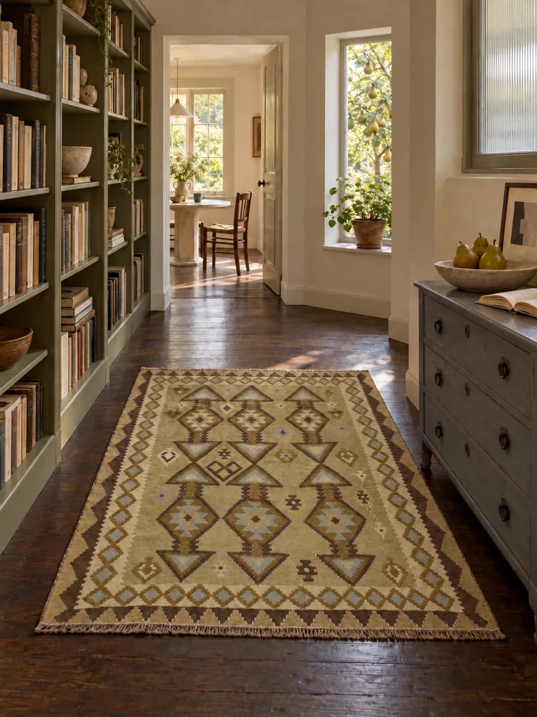 Alfombra kilim persa, 144x173 cm, principalmente en marrón — En una habitación