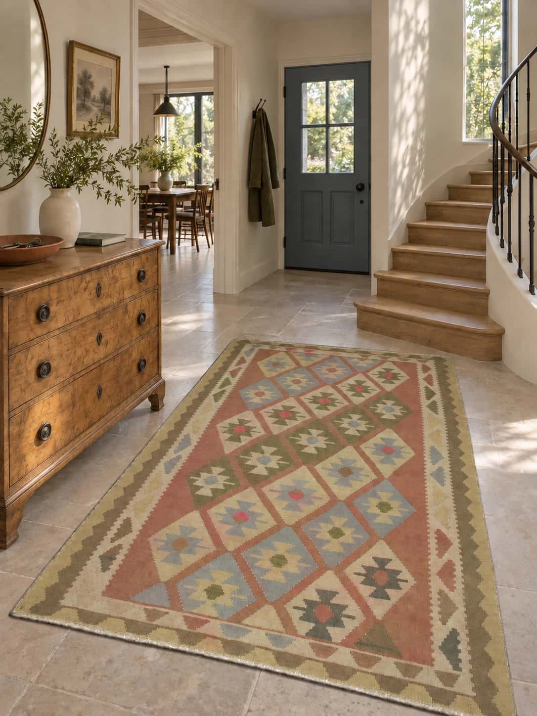Persian Kilim, 136x222 cm, mainly beige and green — In a room