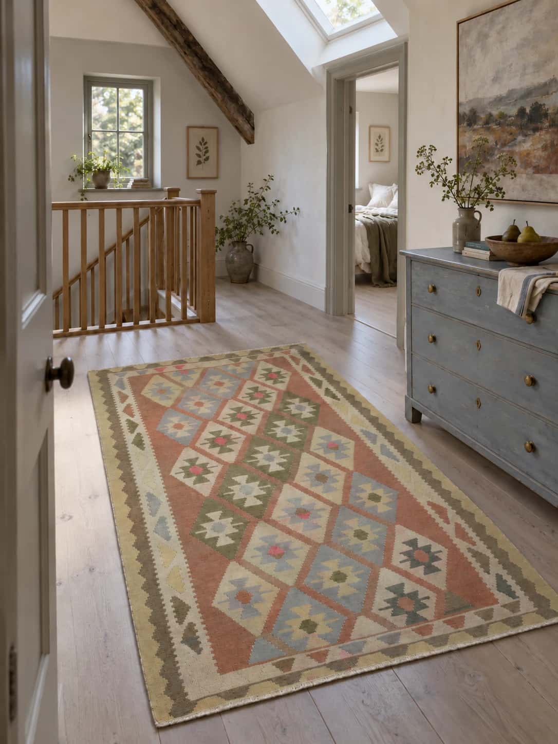 Persian Kilim, 136x222 cm, mainly beige and green — In a room