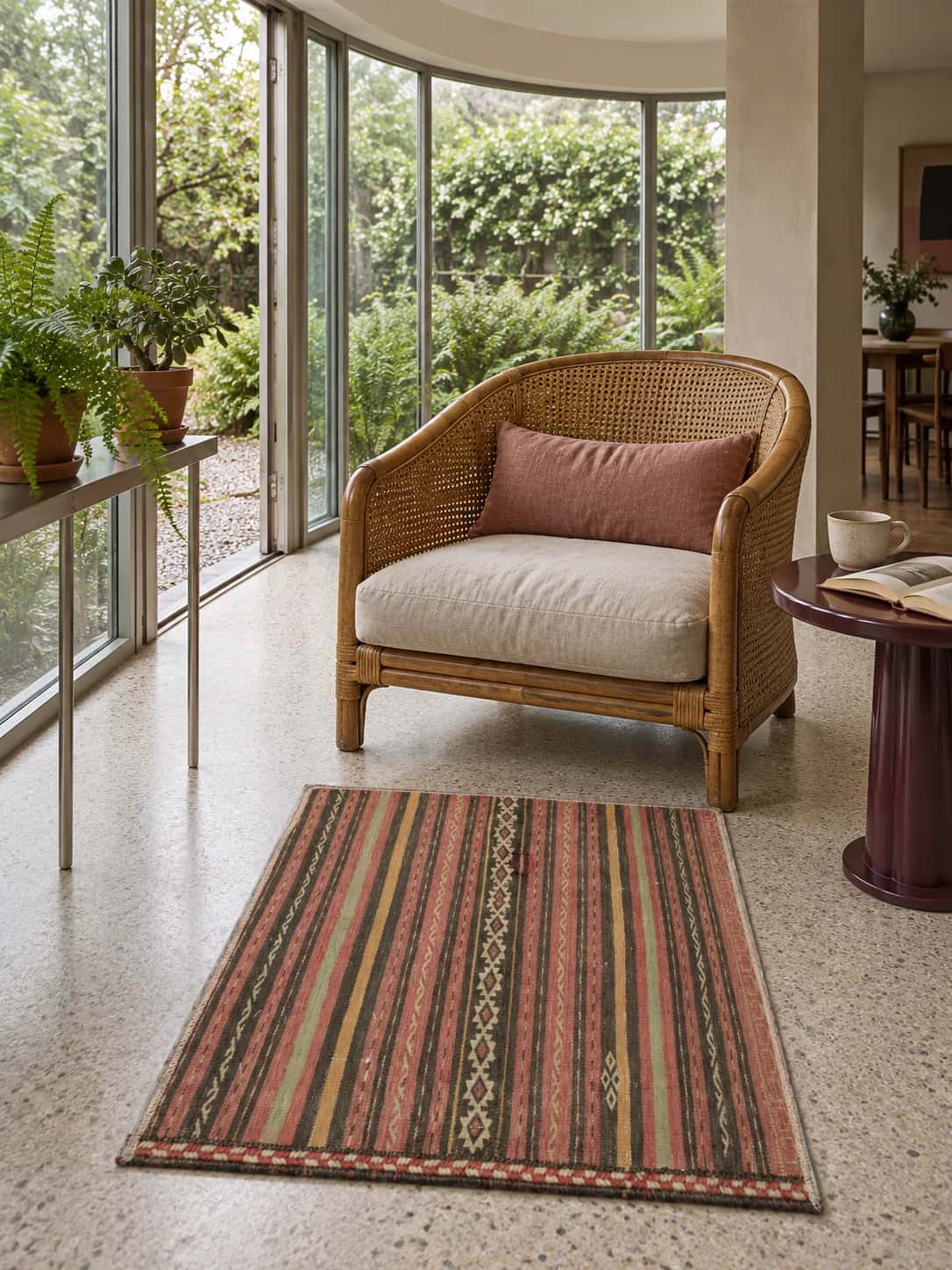 Persian Sumak Kilim rug, geometric, 64x69 cm, mainly pink — In a room