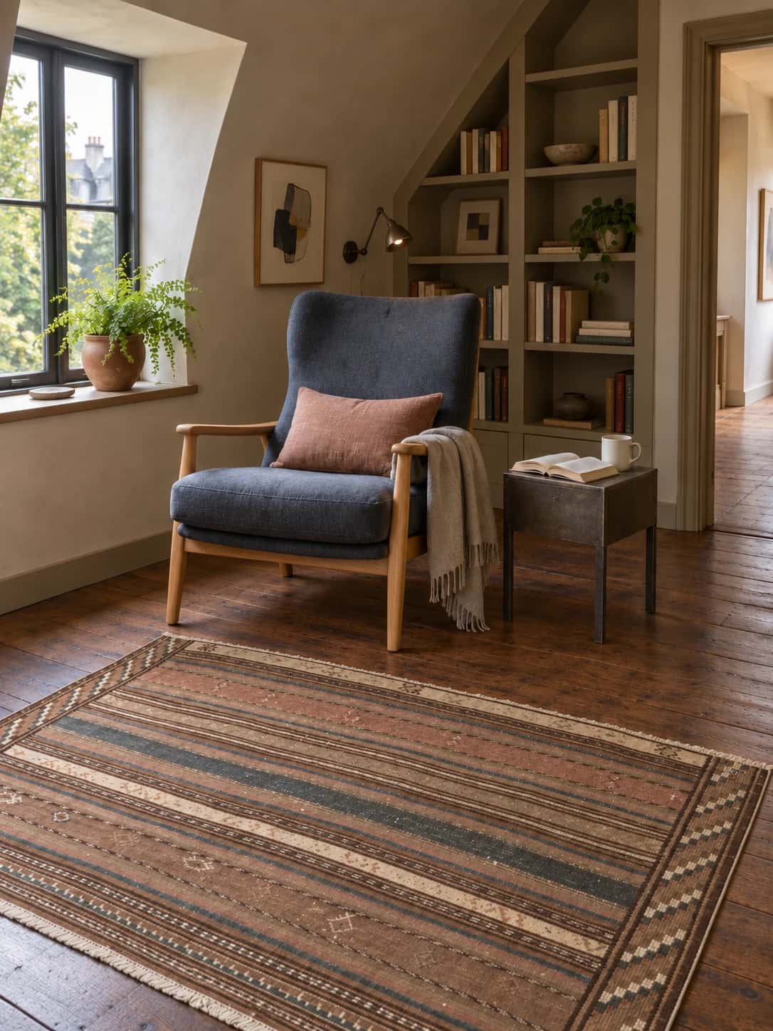 Persian Sumak Kilim rug, 99x139 cm, mainly brown — In a room