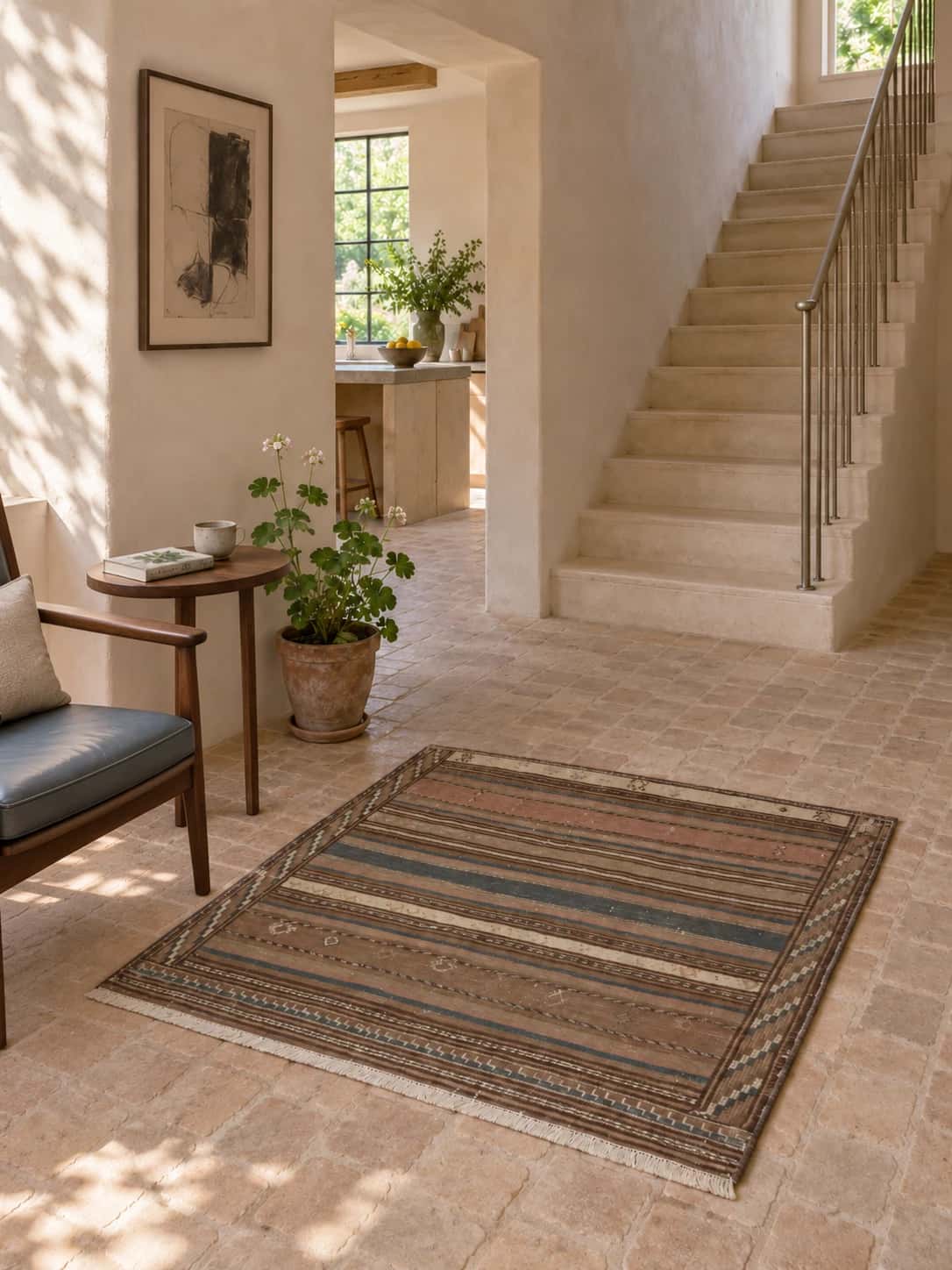 Persian Sumak Kilim rug, 99x139 cm, mainly brown — In a room