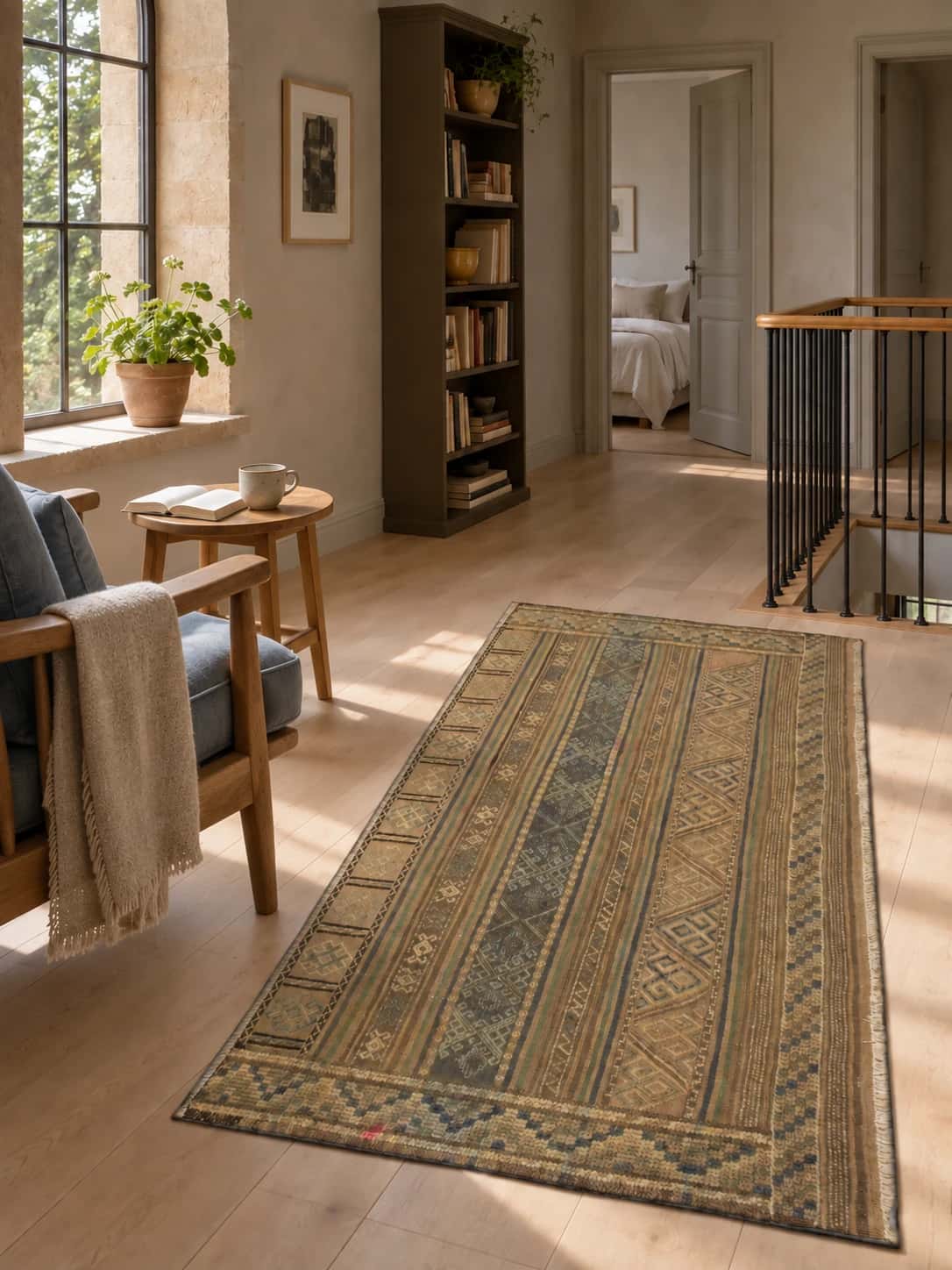 Persian Sumak Kilim rug, 82x162 cm, mainly brown and yellow — In a room