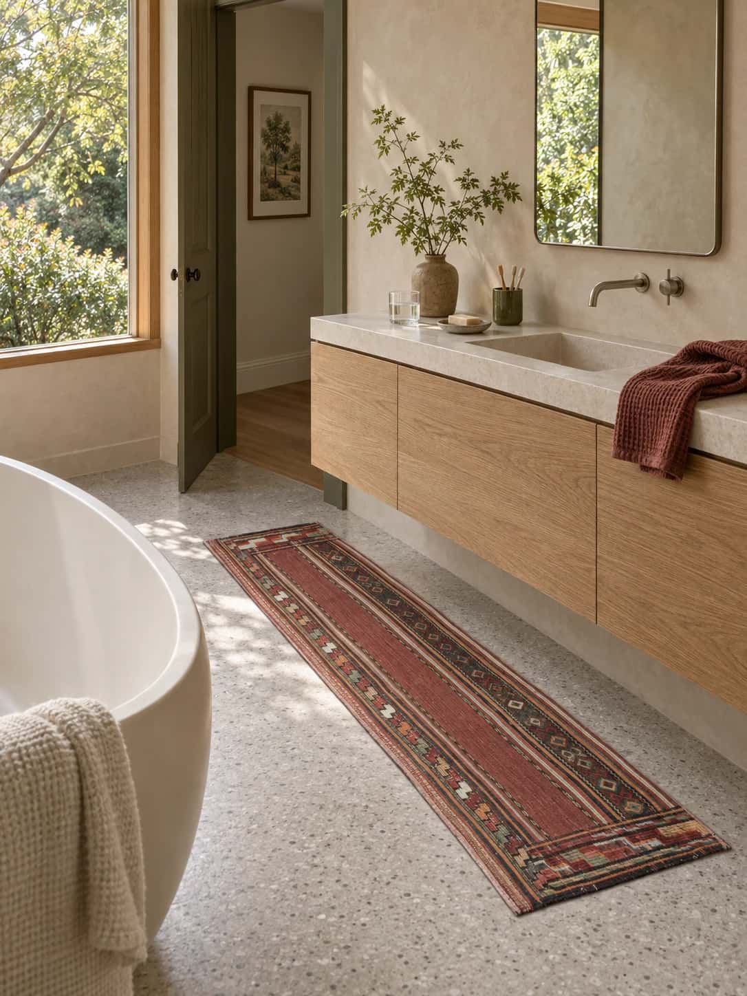 Alfombra persa kilim sumak, geométrica, 39x153 cm, principalmente en rojo — En una habitación