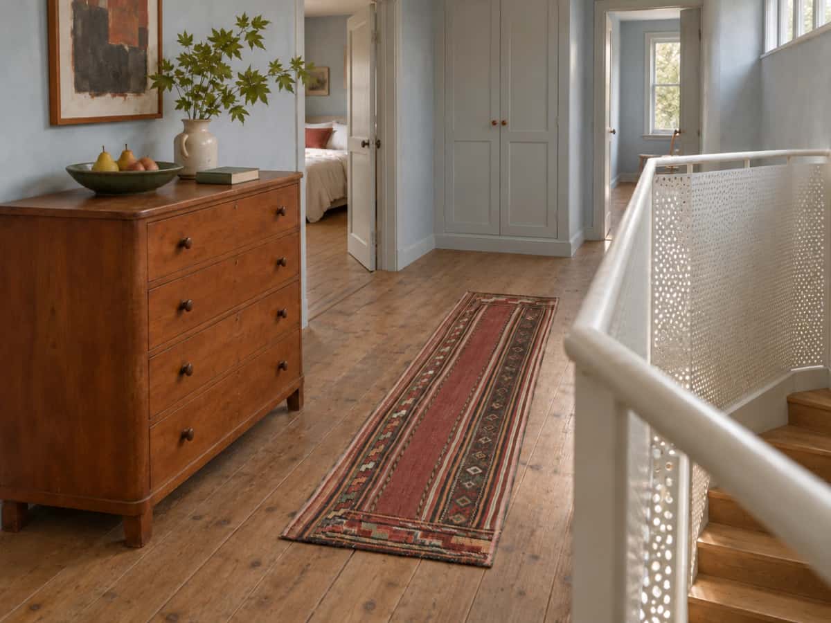 Persian Sumak Kilim rug, geometric, 39x153 cm, mainly red — In a room