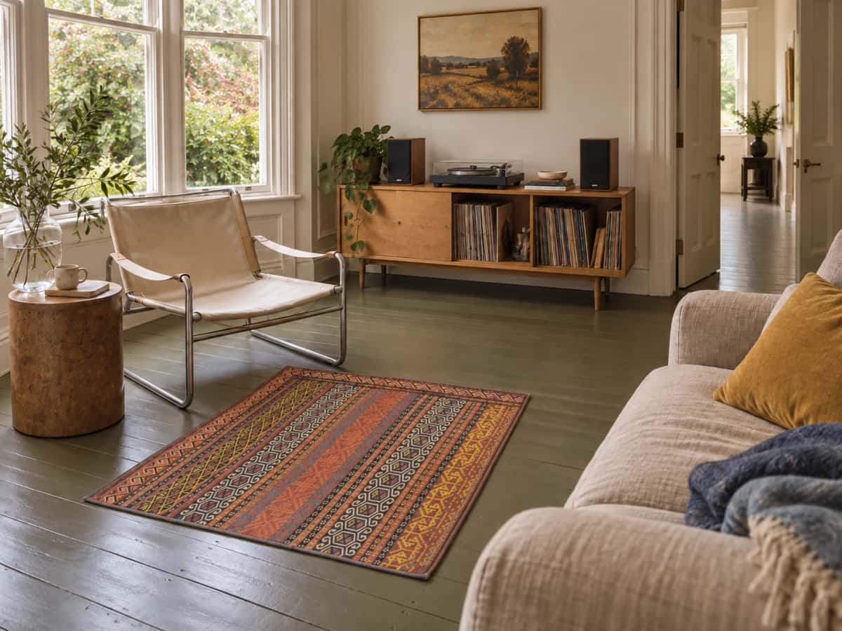 Persian Sumak Kilim rug, geometric, 75x79 cm, mainly orange and brown — In a room