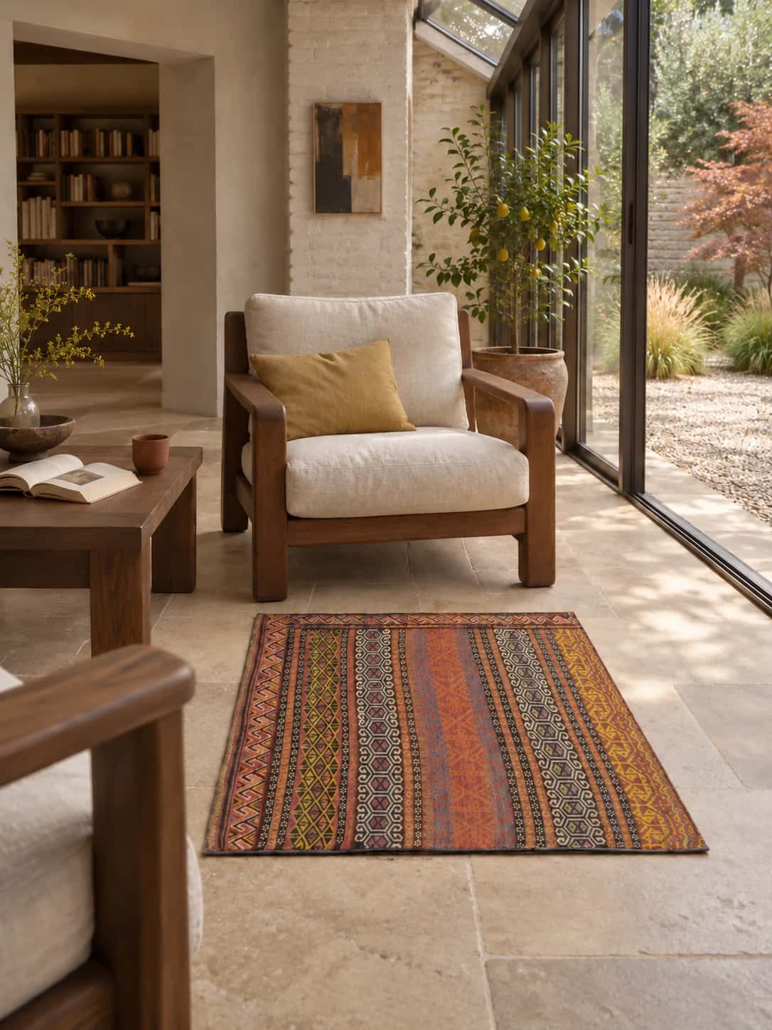 Persian Sumak Kilim rug, geometric, 75x79 cm, mainly orange and brown — In a room