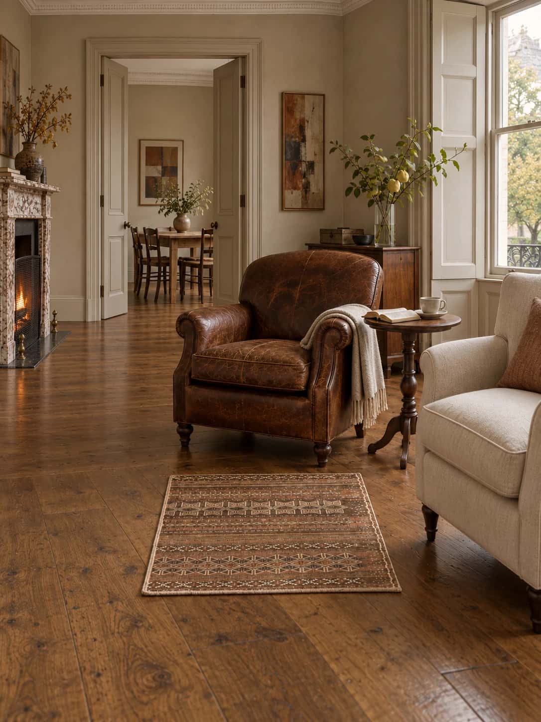 Persian Sumak Kilim rug, geometric, 63x65 cm, mainly brown — In a room