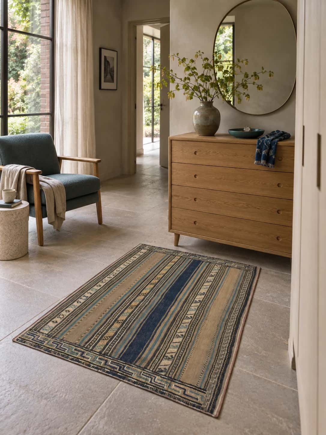 Persian Sumak Kilim rug, geometric, 82x150 cm, mainly beige — In a room