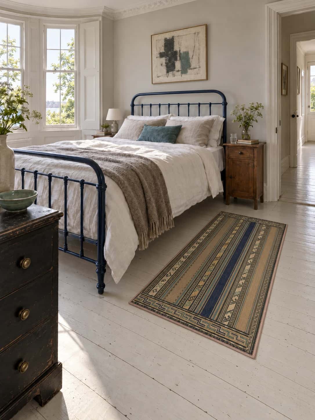 Persian Sumak Kilim rug, geometric, 82x150 cm, mainly beige — In a room