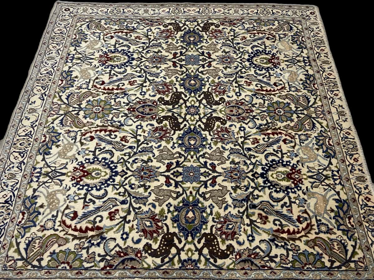Persian rug of Nain style in dimensions 200 centimeters length by 192 centimeters width with mainly beige and blue colors — Perspective