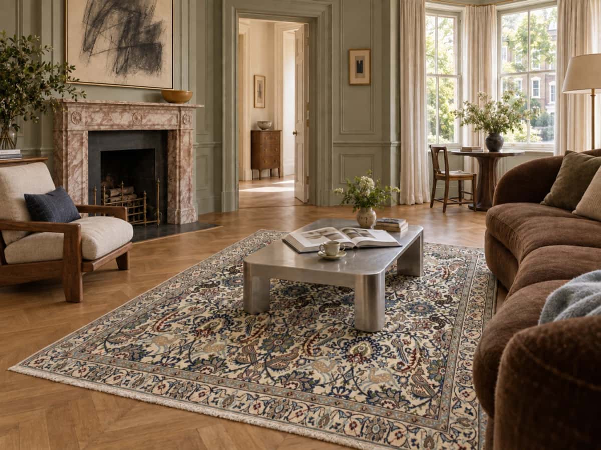 alfombra persa de estilo Nain en dimensiones 200 centímetros de largo por 192 centímetros de ancho con colores principalmente beige y azul — En una habitación