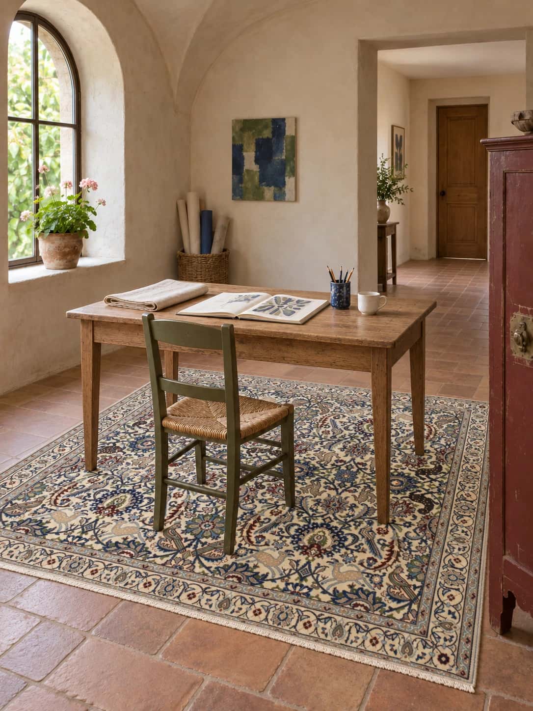Persian Nain rug, oriental, 192x200 cm, mainly beige and blue — In a room