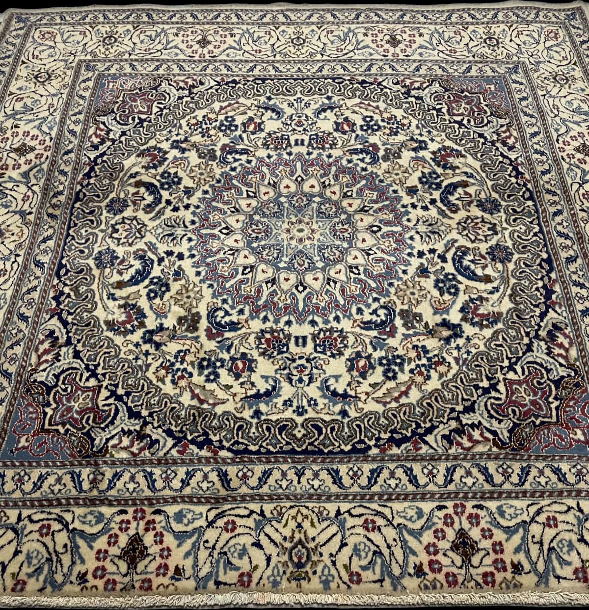 Persian rug of Nain style in dimensions 200 centimeters length by 192 centimeters width with mainly beige and red colors — Perspective