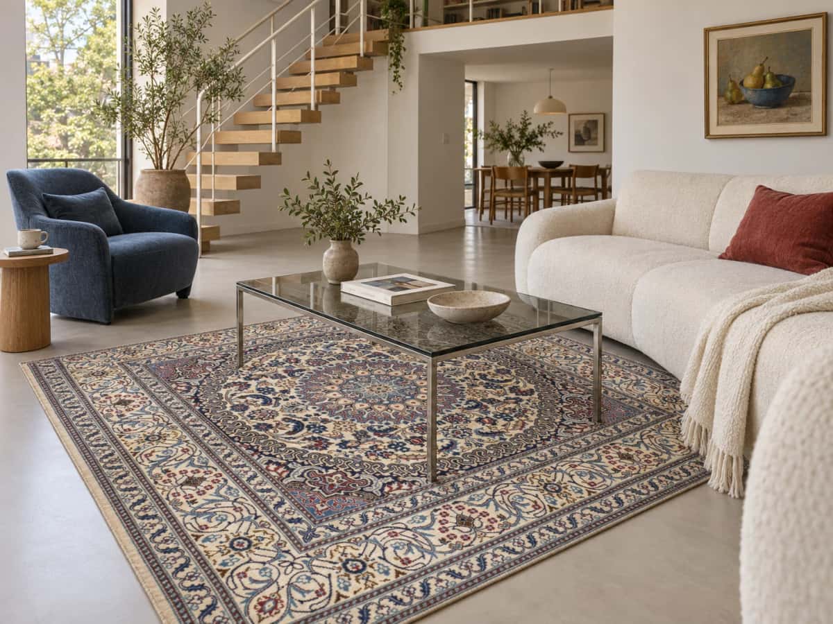 Alfombra persa Nain, oriental, 192x200 cm, principalmente en azul y blanco — En una habitación