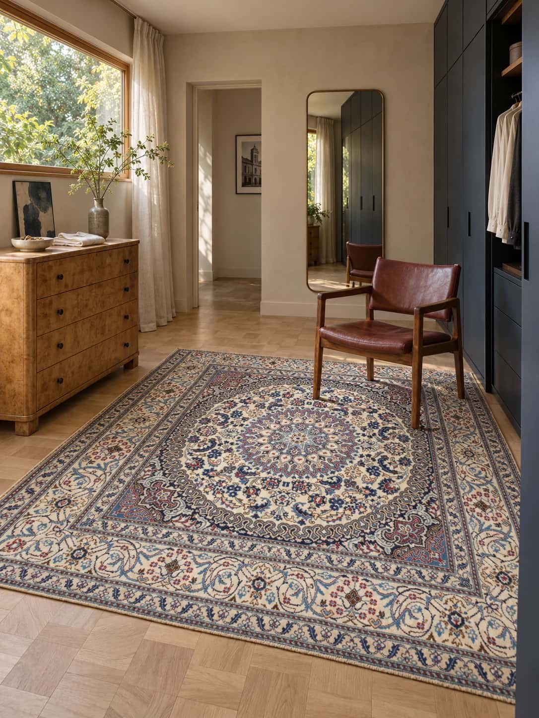 Alfombra persa Nain, oriental, 192x200 cm, principalmente en azul y blanco — En una habitación