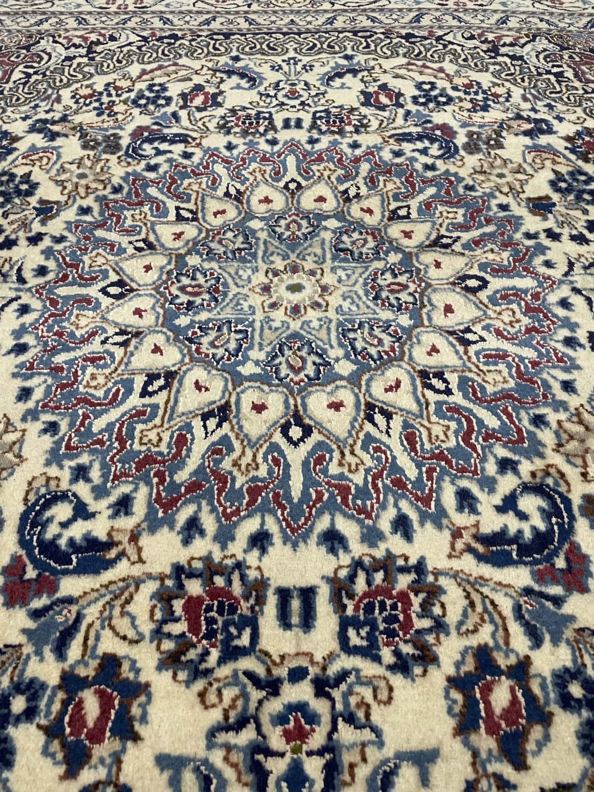Persian rug of Nain style in dimensions 200 centimeters length by 192 centimeters width with mainly beige and red colors — Perspective