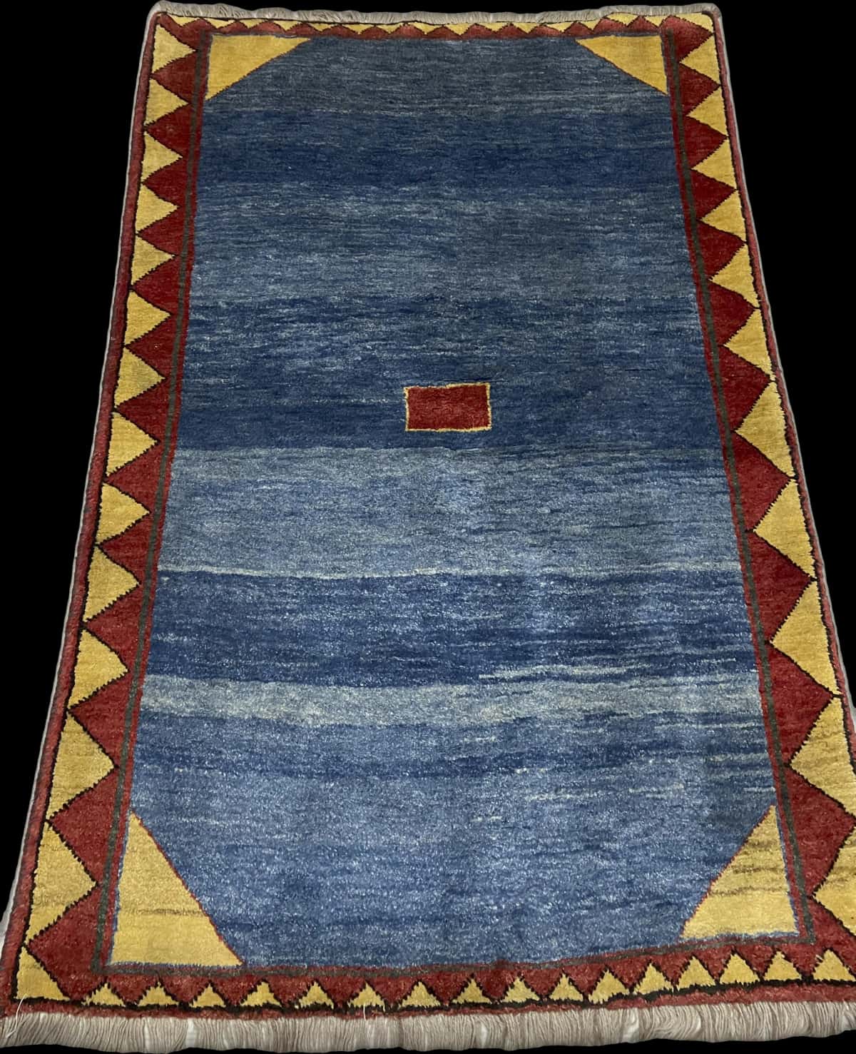 Persian rug of Gabbeh style in dimensions 200 centimeters length by 128 centimeters width with mainly blue colors — Perspective
