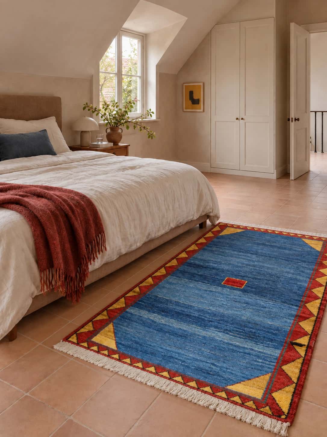 Tapis persan gabbeh, oriental, 128x200 cm, principalement bleu — Dans une pièce