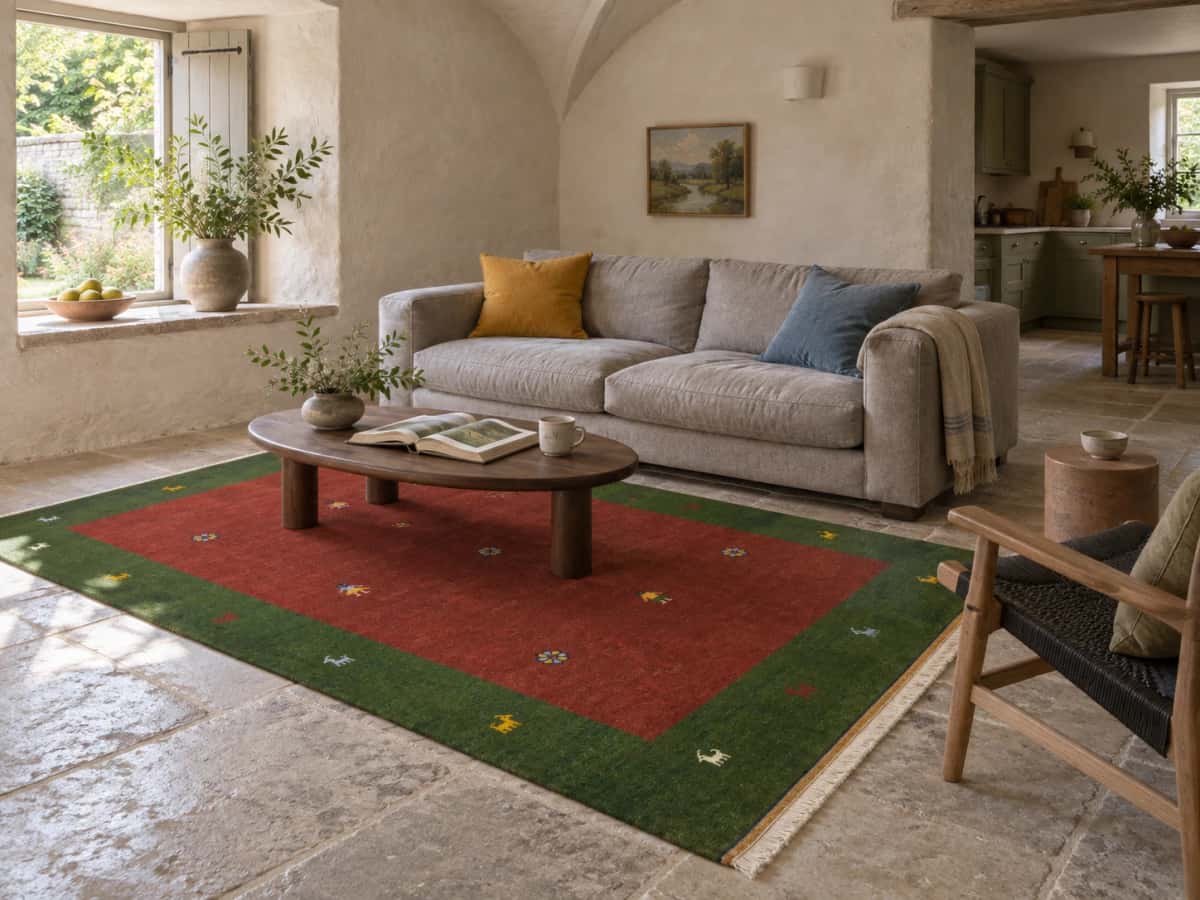 Alfombra india gabbeh, 202x304 cm, principalmente en marrón — En una habitación