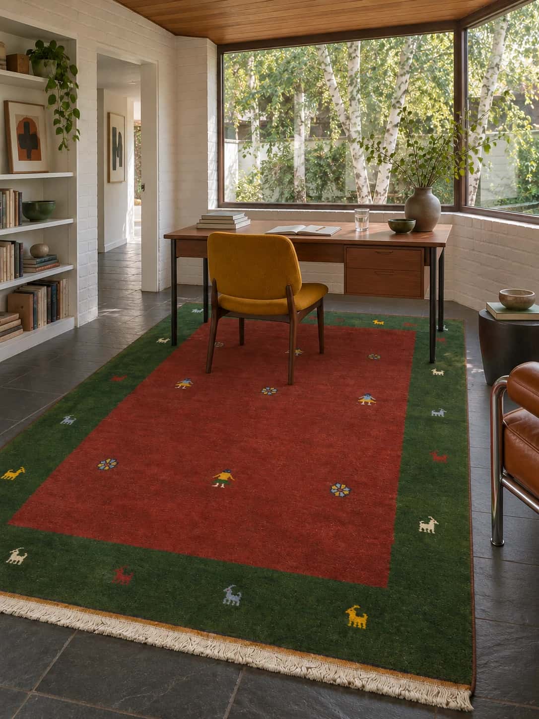 Alfombra india gabbeh, 202x304 cm, principalmente en marrón — En una habitación