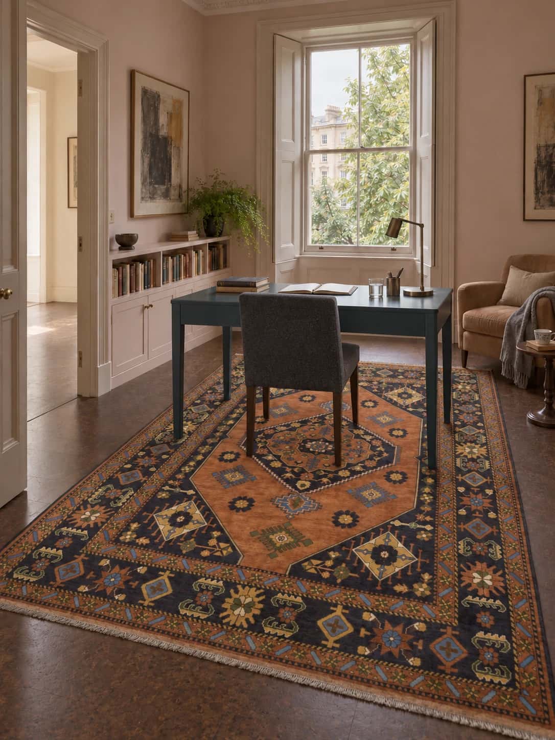 Alfombra persa, oriental, 207x320 cm, principalmente en marrón — En una habitación