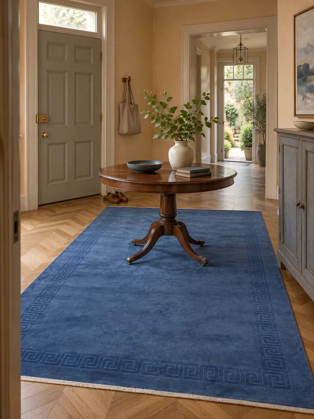 Nepalese Tibetan rug, 200x298 cm, mainly blue — In a room