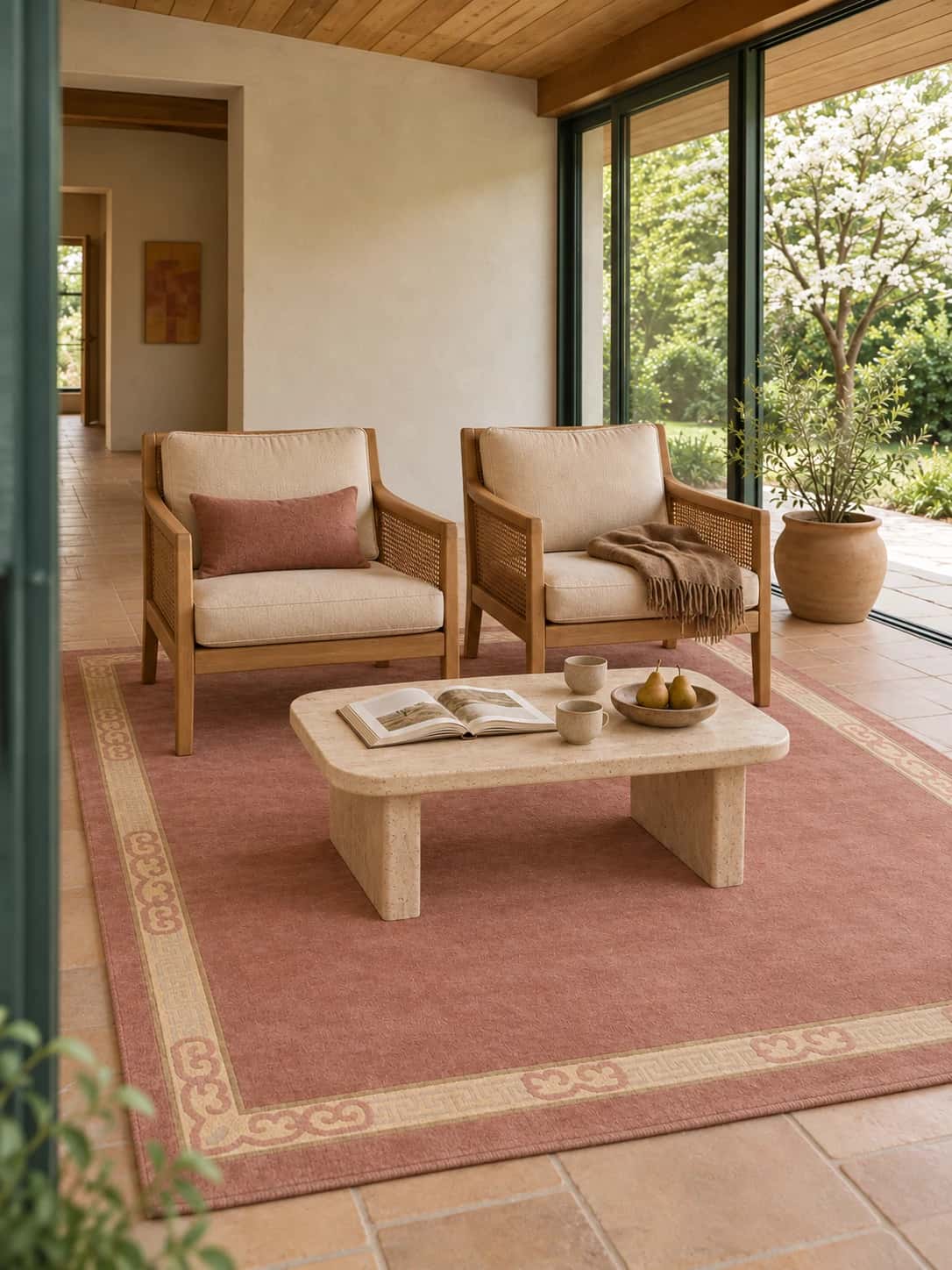 Alfombra nepalí tibetana, moderna, 202x255 cm, principalmente en rosa — En una habitación