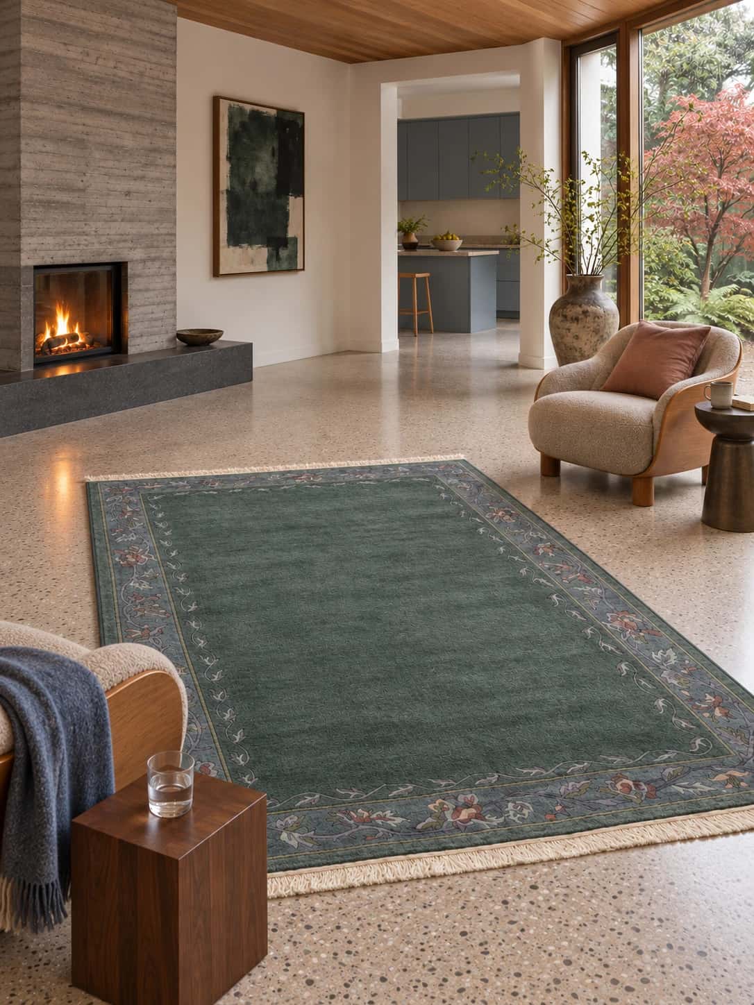 Nepalese Tibetan rug, floral, 170x234 cm, mainly green — In a room