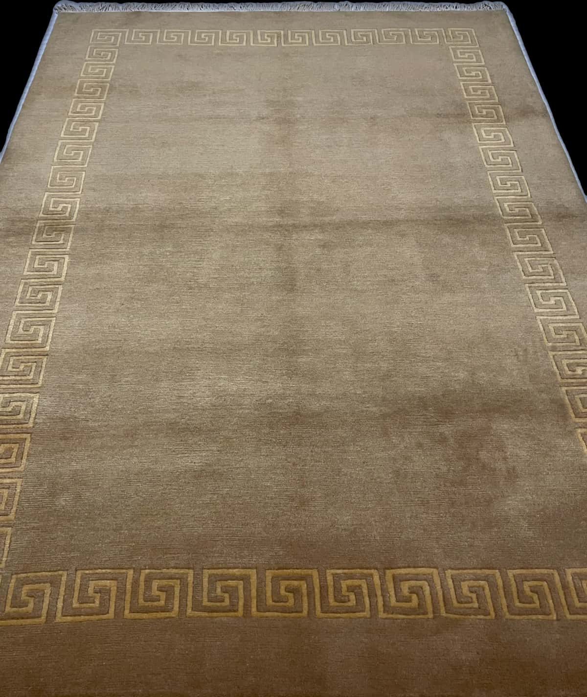 Nepali rug of Tibetan style in dimensions 240 centimeters length by 173 centimeters width with mainly yellow colors — Perspective