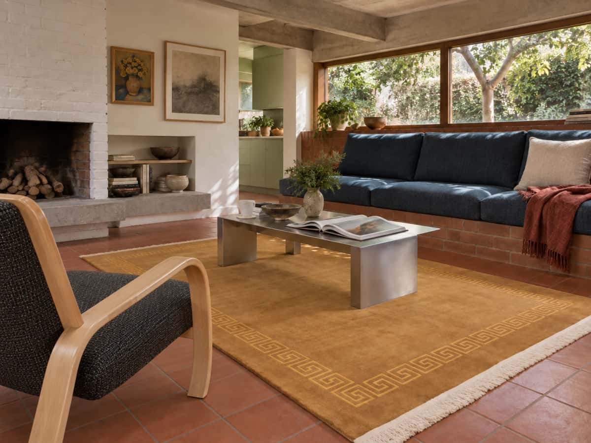 Nepalese Tibetan rug, modern, 173x240 cm, mainly yellow — In a room