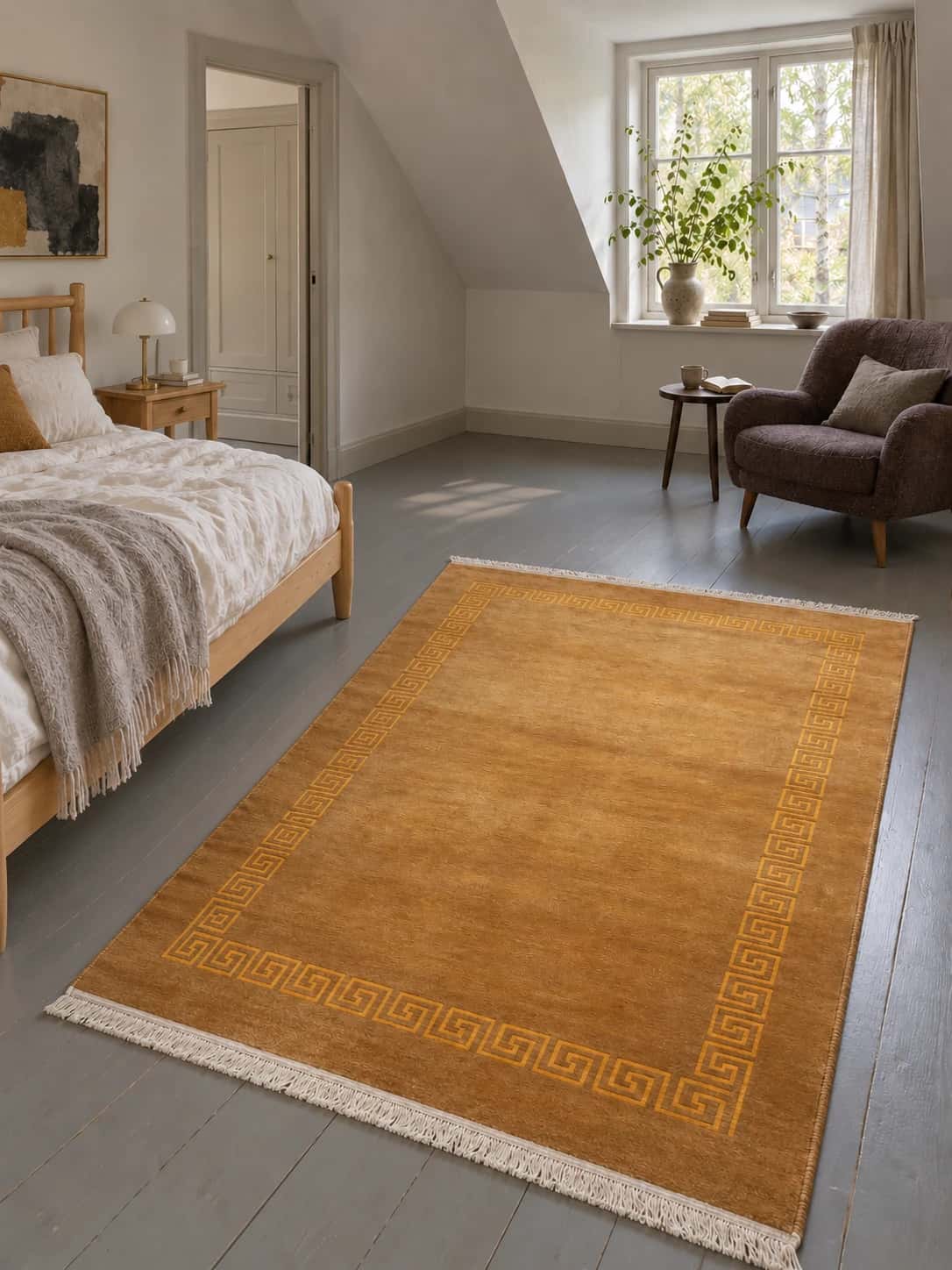 Nepalese Tibetan rug, modern, 173x240 cm, mainly yellow — In a room