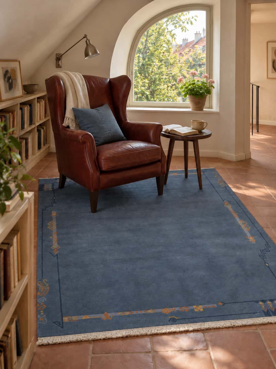 Nepalese Tibetan rug, oriental, 174x240 cm, mainly blue — In a room