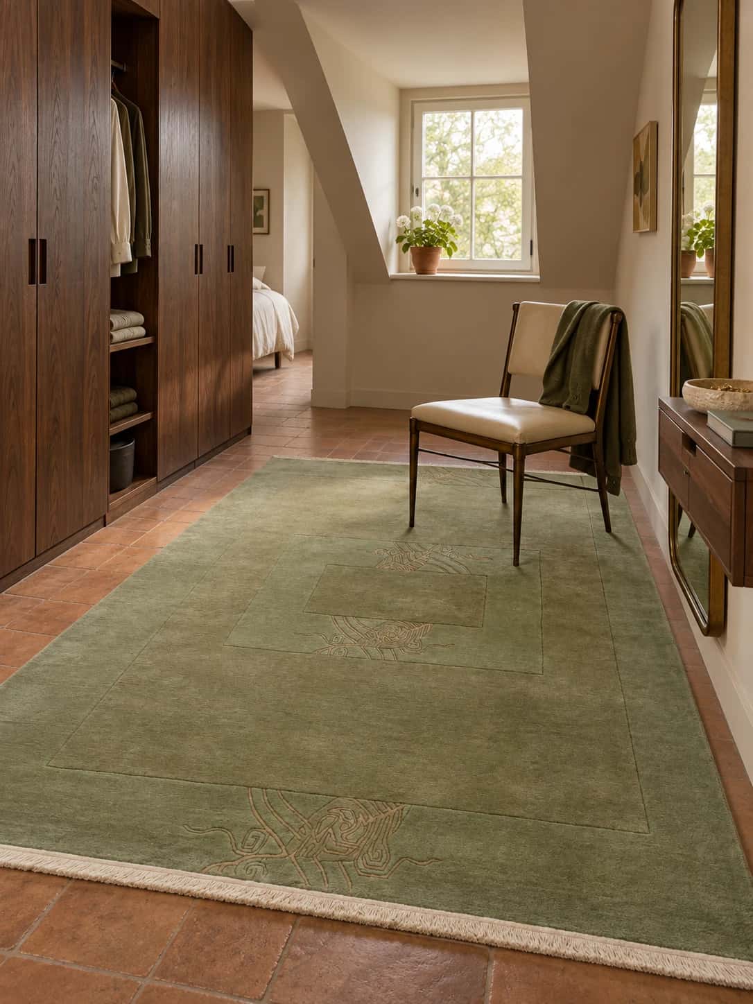 Nepalese Tibetan rug, oriental, 170x232 cm, mainly green — In a room
