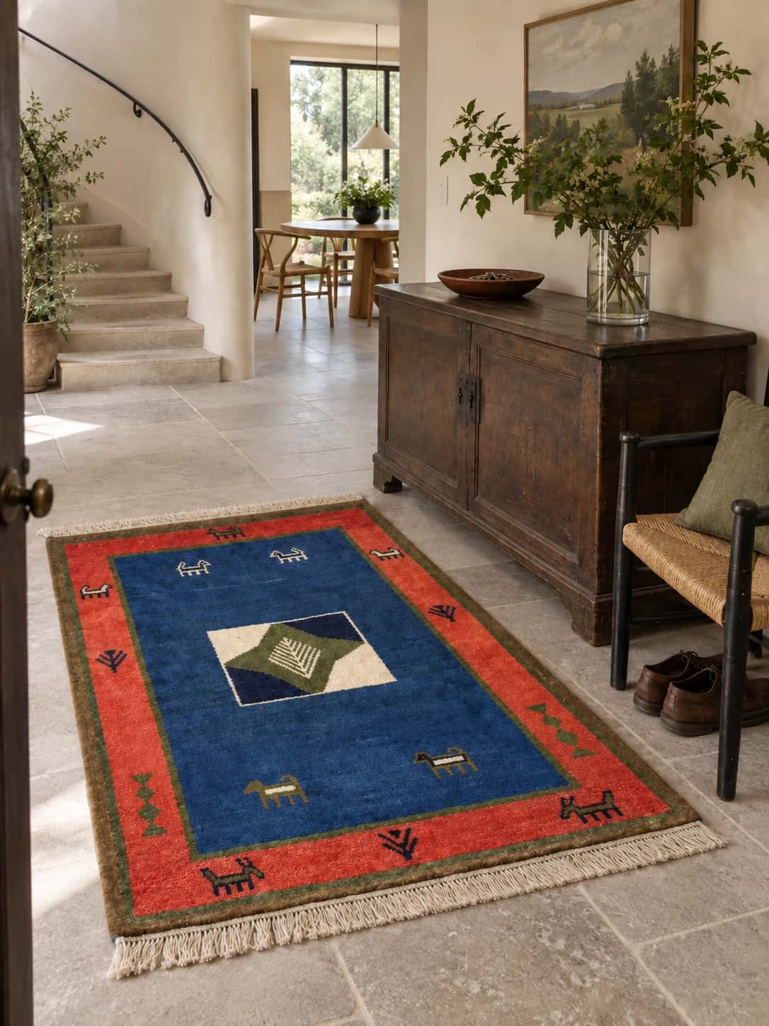 Persian Gabbeh rug, geometric, 102x150 cm, mainly blue — In a room