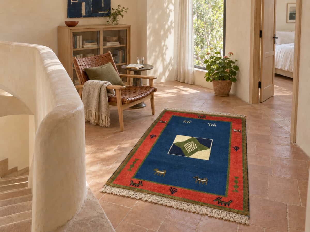 Persian Gabbeh rug, geometric, 102x150 cm, mainly blue — In a room