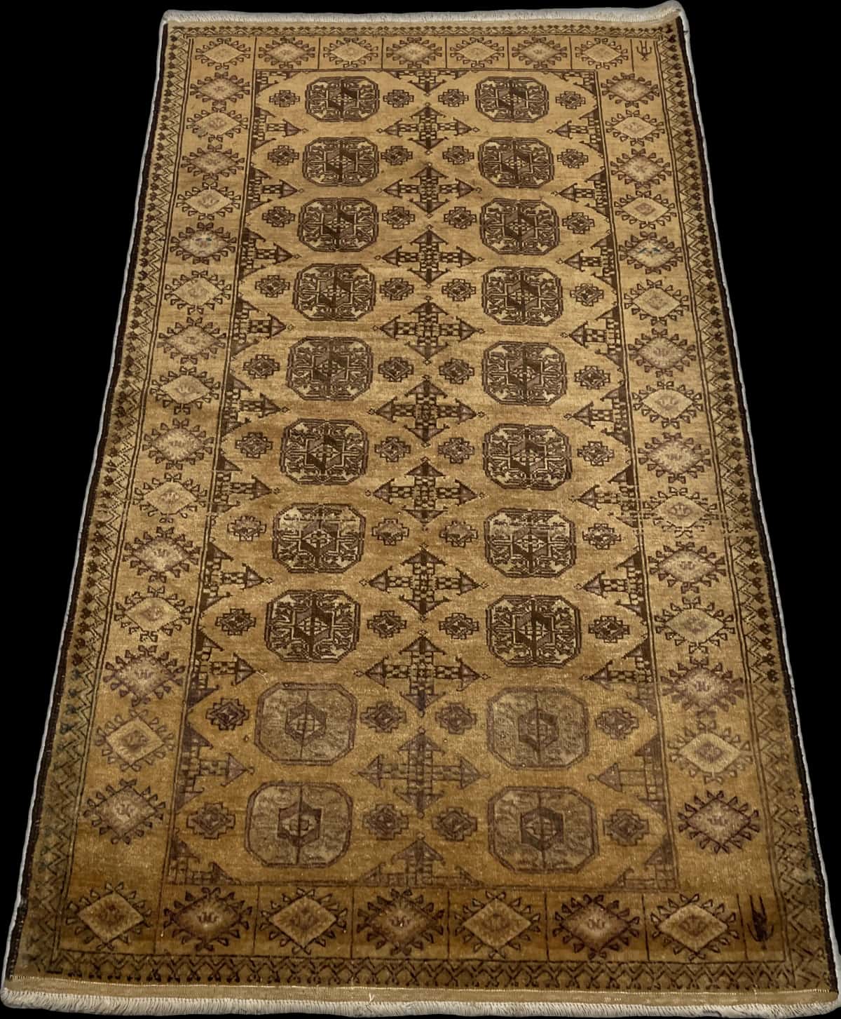 alfombra persa de estilo baluch en dimensiones 204 centímetros de largo por 117 centímetros de ancho con colores principalmente marrón — Perspectiva