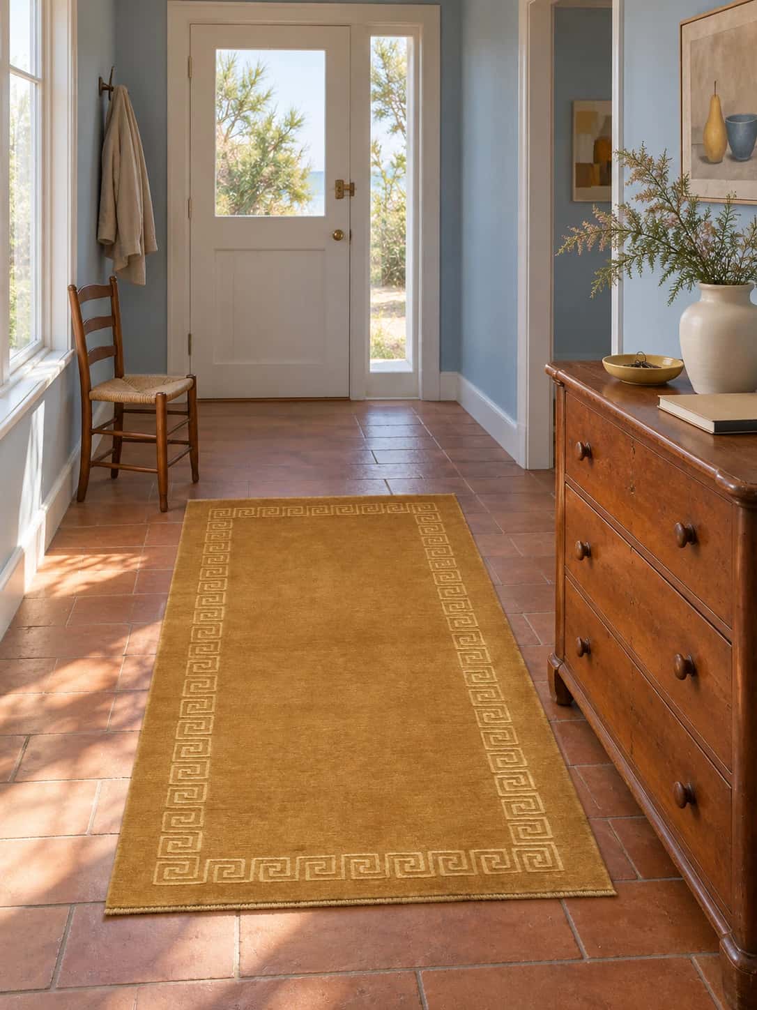 Nepalese Tibetan rug, geometric, 94x166 cm, mainly yellow — In a room