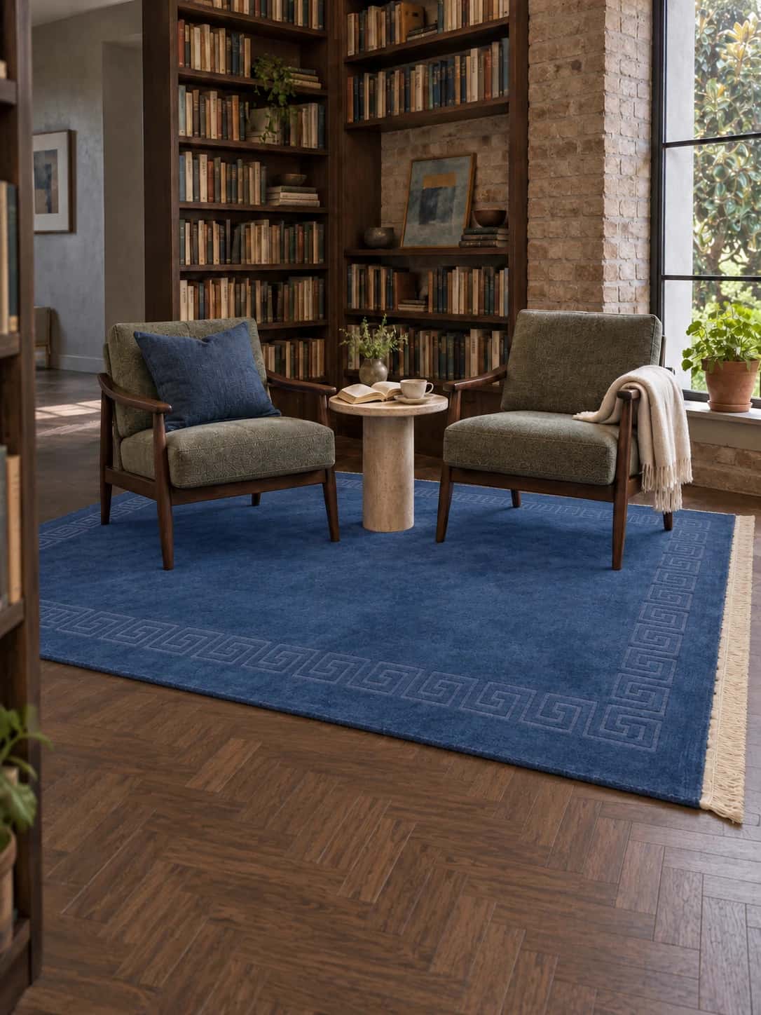 Alfombra nepalí tibetana, geométrica, 170x241 cm, principalmente en azul — En una habitación